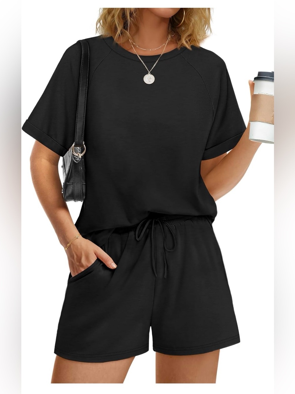Women's Black Short Sleeve Lounge Pajama Set - Casual Drawstring Shorts